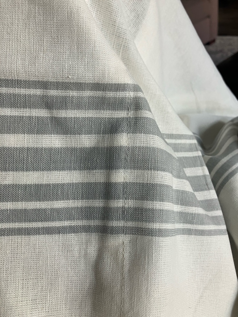 Quince 48x96 Coastal Stripe Linen Cotton True Blackout Curtain Ivory/Light Blue